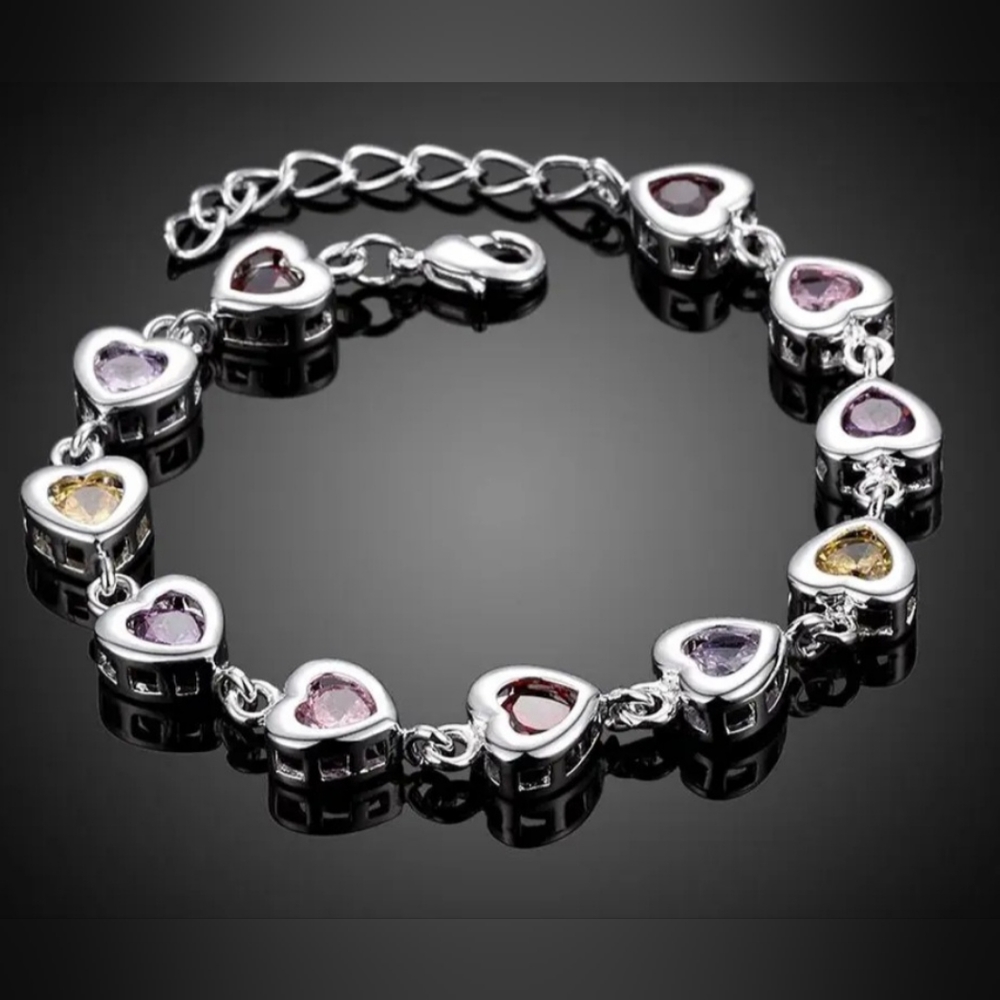925 stamped Silver plated multi colored heart adjustable bracelet